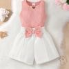 Baby Girls Summer Fashion Pit Strip Collared Bow T-shirt Vest Top + White Elastic Waist Bow Shorts Small Medium Kids Baby Outing Casual Clothing Outfits