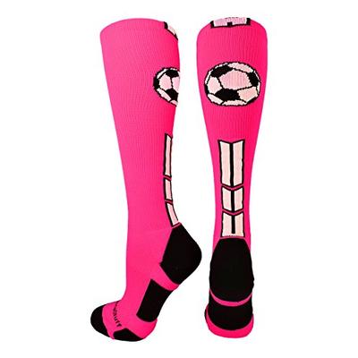 MadSportsStuff Soccer Socks with Soccer Ball Logo Over The Calf (Neon Pink/Black/White, Large)