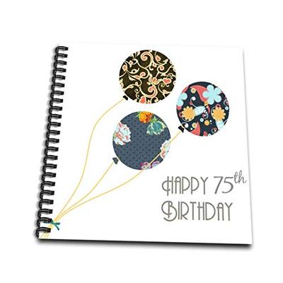 3dRose Happy 75th Birthday-Modern Stylish Floral Balloons. Elegant Black Brown Blue 75 Year Old Bday