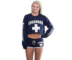 LIFEGUARD Licensed Cropped Crew Neck Ladies Sweatshirt (Navy, Large)