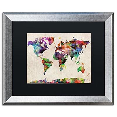 Urban Watercolor World Map by Michael Tompsett, Black Matte, Silver Frame 16x20-Inch