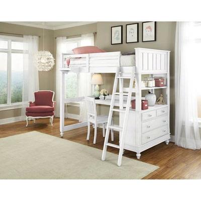 NE Kids Lake House Twin Loft Bed with Desk in White