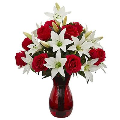 Nearly Natural 1661 Roses & Lilies Artificial Red Vase Silk Arrangements White