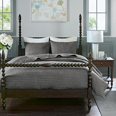 MADISON PARK SIGNATURE Serene Cotton Hand Quilted Coverlet Set Grey Full/Queen