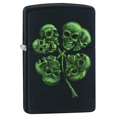 Zippo Lighter: Four Leaf Clover Skulls - Black Matte 79164