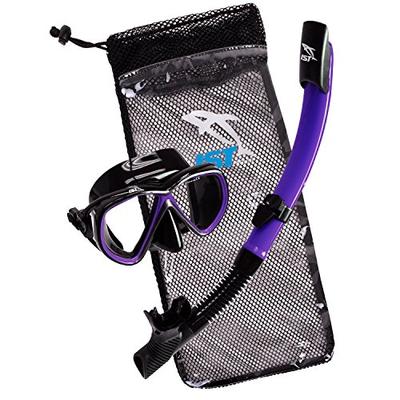 IST Snorkeling Combo Set: Mask, Semi-Dry Snorkel, Mesh Travel Bag (Black Silicone & Purple, Narrow (