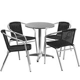 Flash Furniture Round Aluminum Indoor Outdoor Table with 4 Black Rattan Chairs, 23.5