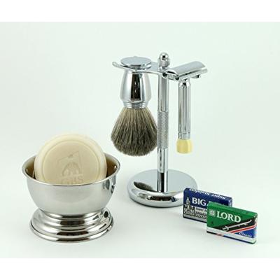 Shaving Gift Set with Merkur 500 Progress Safety Razor, Bowl, Shaving Soap, Badger Brush, Stand and