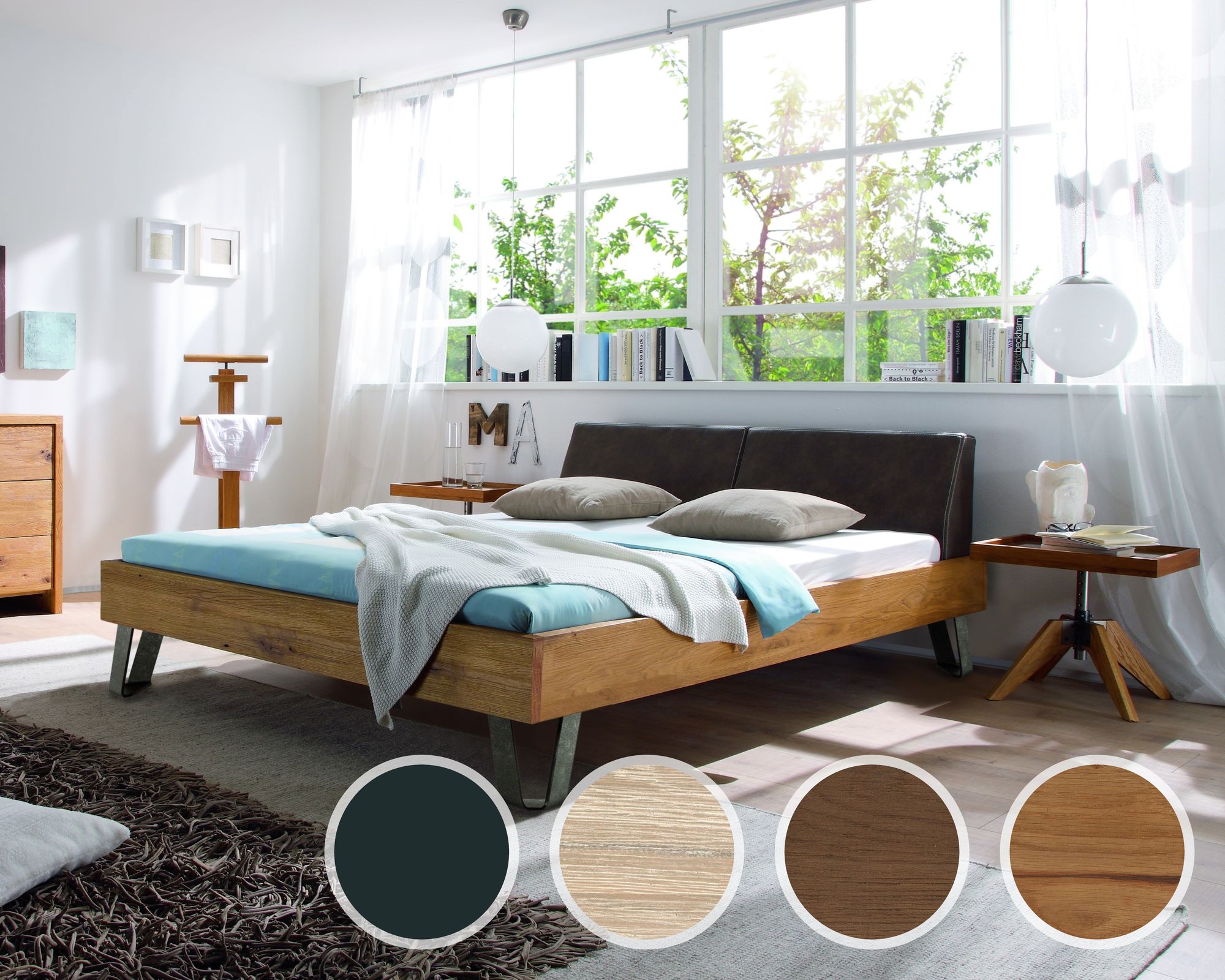 Hasena Oak-Line Massivholzbett Cadro Jeno/Rena 140x200 cm / Wildeiche natur, gebürstet, geölt