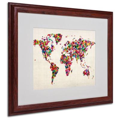 Butterflies World Map Artwork by Michael Tompsett in Wood Frame, 16 by 20-Inch
