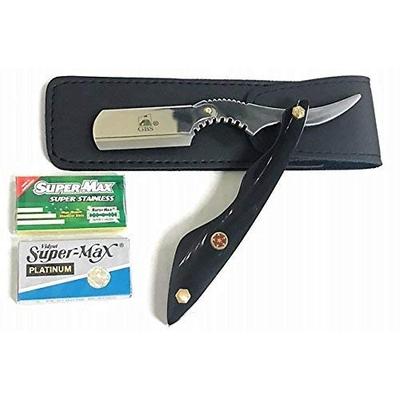 GBS Classic Straight Edge Razor Barber Shavette Professional Quality - Black Horn Handle - Gold Acce