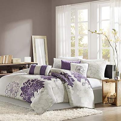 Madison Park Lola King Size Bed Comforter Set Bed in A Bag - Purple, Grey, Floral, Flowers - 7 Piece