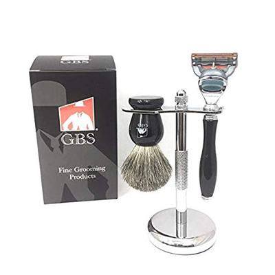 GBS 3 Piece Deluxe Shaving Set. 5 Blade Fusion Compatible Razor Black Manual Handle & Black Pure Bad