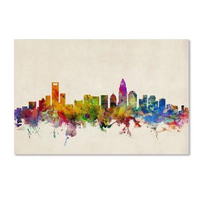 Charlotte Watercolor Skyline by Michael Tompsett, 12x19-Inch Canvas Wall Art