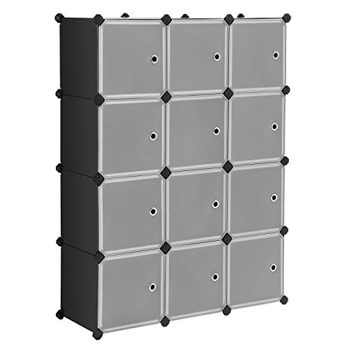 SONGMICS Cube Storage Organizer, 12-Cube Closet Storage Shelves, DIY Plastic Closet Cabinet, Modular Bookcase, Storage Shelving with Doors for Bedroom, Living Room, Office, Black ULPC34HV1