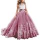 Kid Flower Girls Dress Elegant Bridesmaid Wedding Evening Party Gown Sleeveless Embroidered Princess Lace Tulle Long Dress Birthday Formal Pageant Dance Prom Ball Gown Burgundy 12-13 Years