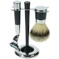 Bartpflege Set 3-teilig für Gentlemen – Rasierset mit Mach3 Klinge, Rasierpinsel aus Synthetik Haar und edlem Ständer aus Metall, Beard Grooming Kit von Fantasia in Schwarz/Silber