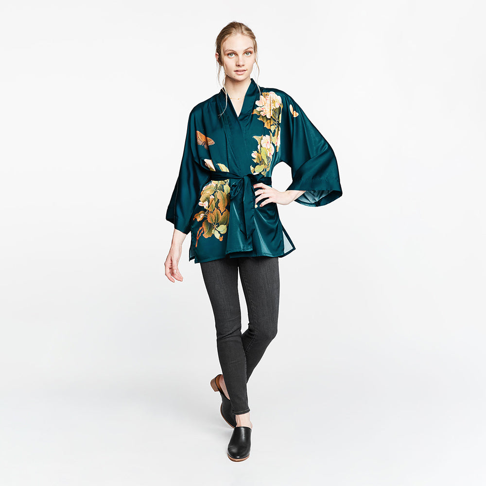 KIM+ONO Kimono Robe | Peony & Butterfly Kimono Jacket | Polyester Charmeuse | Vintage Teal | Short
