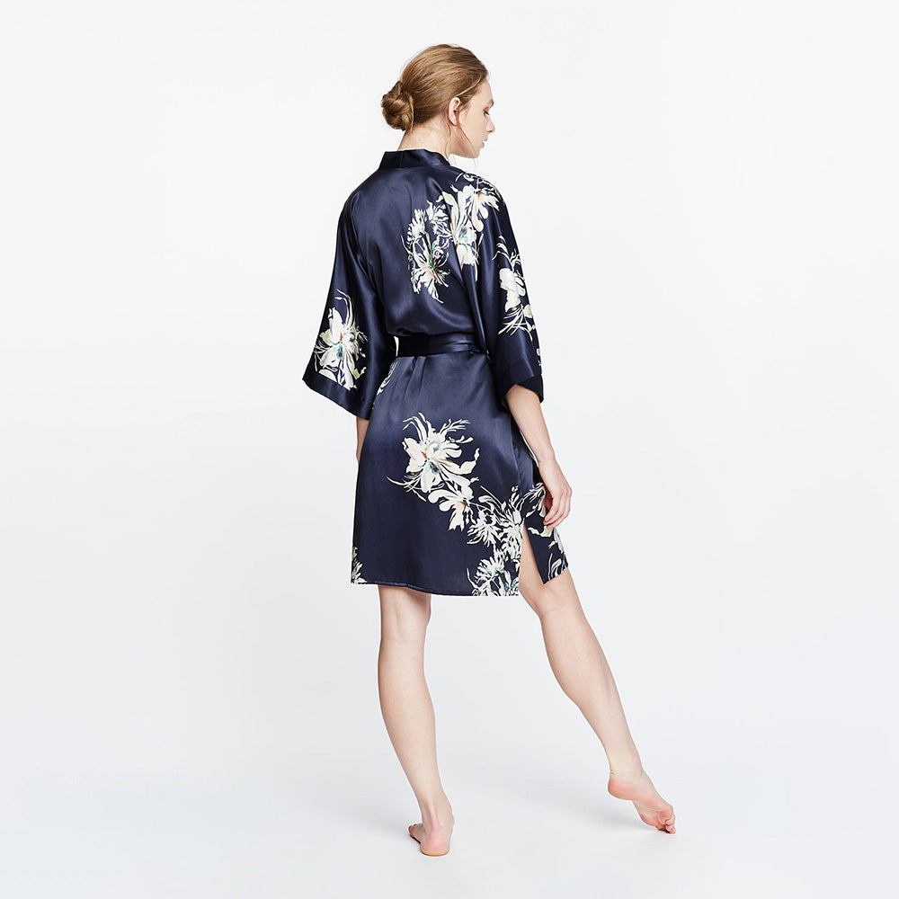 KIM+ONO Kimono Robe | Washable Silk Yuri Short Kimono Robe | Washable Silk | Midnight | Short