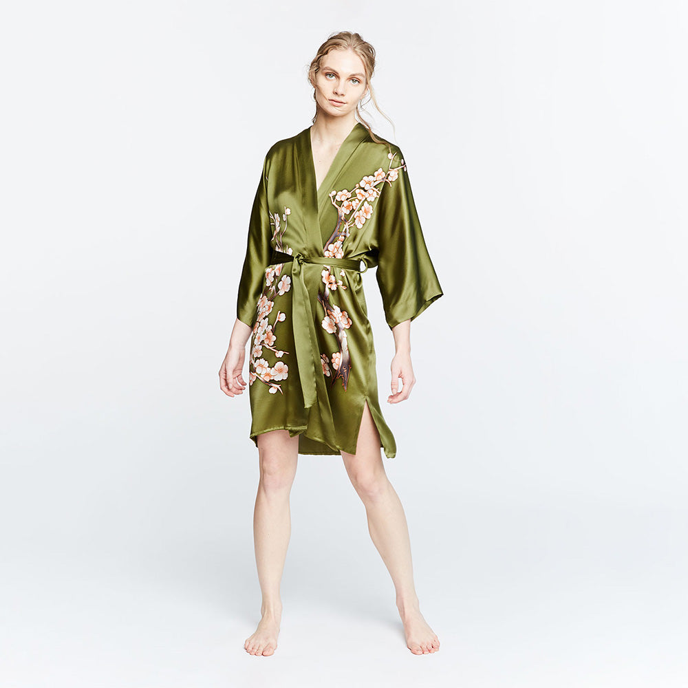 KIM+ONO Kimono Robe | Silk Handpainted Cherry Blossom Short Kimono Robe | Silk | Olive | Short