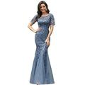 Ever-Pretty Women's Elegant Short Sleeve Sequin Tulle Mermaid Long Prom Dresses Demmi Blue 24UK