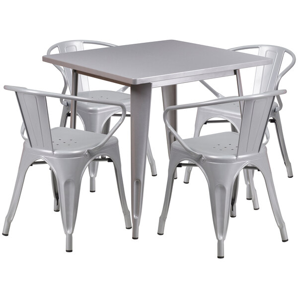 "Flash Furniture ET-CT002-4-70-SIL-GG 32"" Square Silver Metal Indoor / Outdoor Dining Height Table with 4 Arm Chairs"