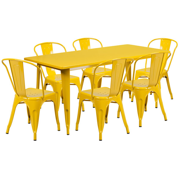 "Flash Furniture ET-CT005-6-30-YL-GG 31 1/2"" x 63"" Rectangular Yellow Metal Indoor / Outdoor Dining Height Table with 6 Cafe Style Chairs"