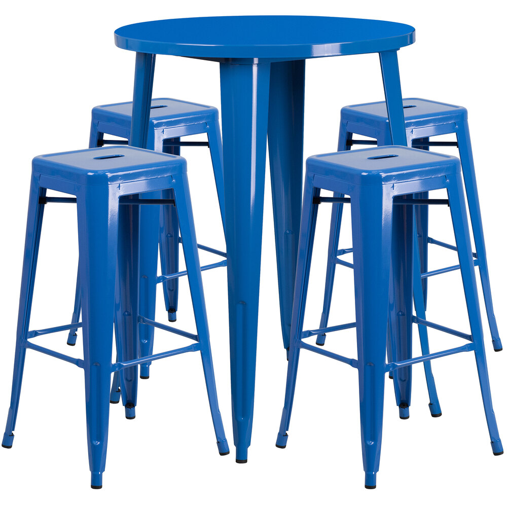 "Flash Furniture 30"" Round Blue Metal Bar Height Outdoor Table with 4 Square Seat Backless Stools"