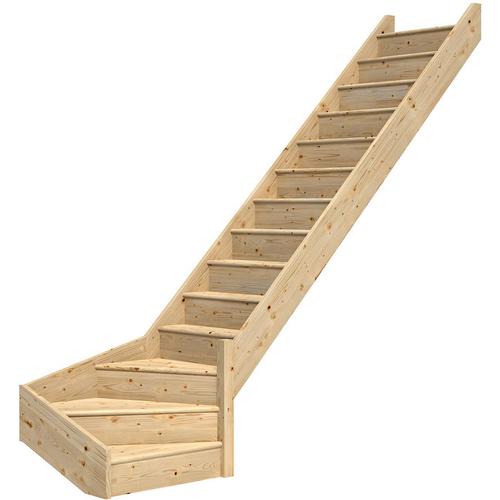 DOLLE Raumspartreppe Wangentreppe Paris Holztreppe, Ohne Geländer, 1/4 gewendelt (rechts),bis 318 cm,Fichte,mit Setzstufen,unbehandelt