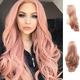 Pink Lace Front Wigs for Women Long Curly Wavy Rose Gold Pink Wigs Wonder Girl Peach Pink Syntehtic Hair Wig High Temperature Fiber Hair Replacement Wigs Cosplay Drag Halloween Wig