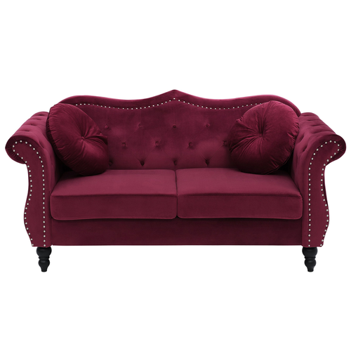 Sofa Burgunderrot Samtstoff 2-Sitzer Chesterfield Stil Retro Zierkissen Wohnzimmer