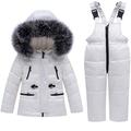 FAIRYRAIN Baby Kids Boys Girls Winter Warm Hooded Fur Trim Soild Zipper Snowsuit Puffer Down Jacket with Snow Ski Bib Pants Set White