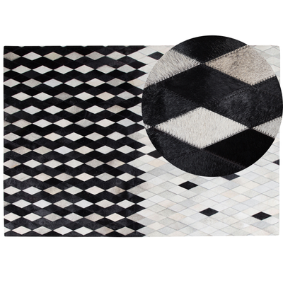 Teppich Schwarz Weiß Echtleder 160 x 230 cm Kurzflor Rauten Muster Handgefertigt Rechteckig