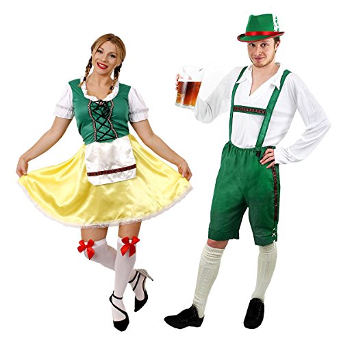 Couples Bavarian Costume - Beer Man Green Lederhosen with traditional White shirt and Hat - Coordinating Ladies Bavarian Beer Girl with Stockings Fancy Dress - Mens Large & Womens Large