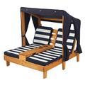 KidKraft Double Garden Sun Lounger for Kids with Canopy and Cushions, Wooden Garden Chairs, Outdoor Garden Furniture For Children, Navy & White, 00524