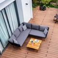 George Oliver Haoyu 3 Piece Wood Corner Seating Group w/ Cushions Wood/Metal/Rust - Resistant Metal in Black/Brown | Outdoor Furniture | Wayfair