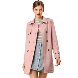 Allegra K Women's Notched Lapel Double Breasted Faux Suede Trench Coat Jacket with Belt Pink 8