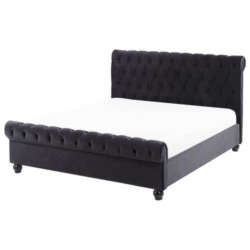 Bett Schwarz 140 x 200 cm Samtstoff Stilvolle Versteppung Hohe Kopfteil Geschwungene Formgebung Chesterfield