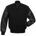 Classic Hybrid Varsity Jacket University Letterman Bomber Jacket-Black Wool Body & Black Leather Sleeves (Medium)