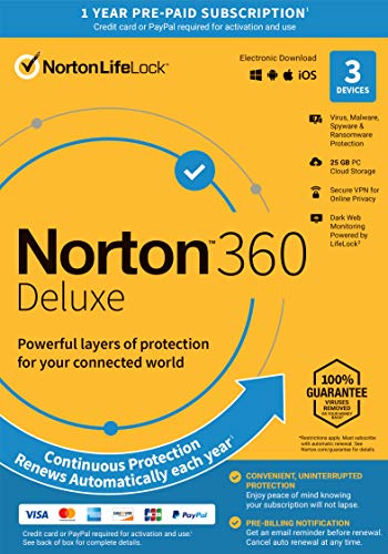 Norton 360 Deluxe 2022 Antivirus software for 3 Devices with Auto Renewal - Includes VPN, PC Cloud Backup & Dark Web Monitoring [Key Card]