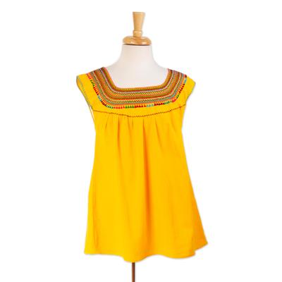 Marigold Summer,'Handwoven Saffron Cotton Sleeveless Blouse from Mexico'