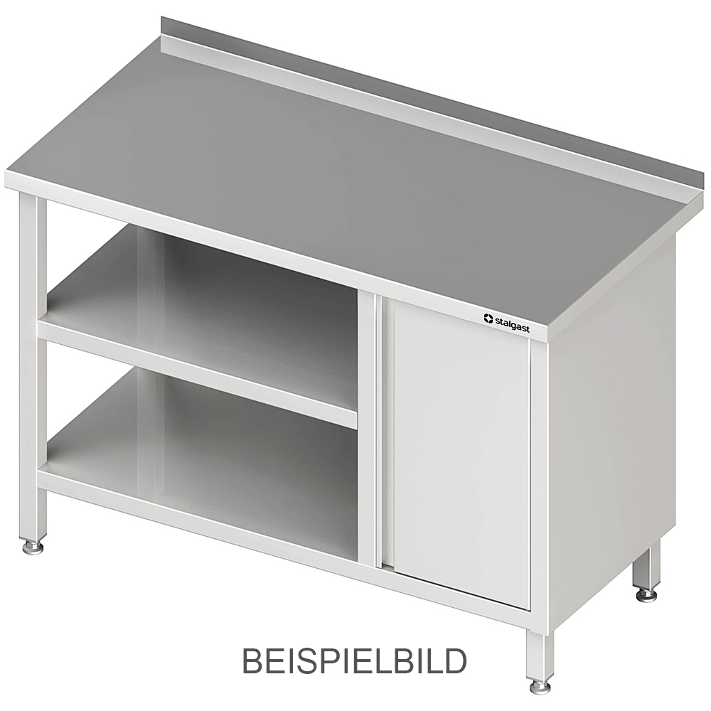 Stalgast Edelstahl Arbeitstisch mit Grund- und Zwischenboden, 1300x600x850 mm, mit Flügeltürschrank links, mit Aufkantung, verschweißt Image