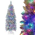 COSTWAY 5FT/6FT Pre-Lit Artificial Christmas Tree, Hinged Slim Pencil Xmas Tree with 343/475 Branch Tips and 190/250 Multi-Color LED Lights, Xmas Holiday Office Home Decor（5FT, Green + White）