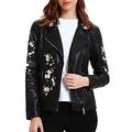 Geschallino Women PU Leather Jacket, Biker Jacket with Zip Pockets, Floral Vintage Short Jack for Fall, Spring, Plum Blossom, S