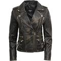 BRANDSLOCK Ladies Womens 100% Real Leather Biker Jacket Black Fitted Bikers Style Vintage Rock (3XL, Black Ruboff)