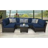 Lark Manor™ Aelwen 7 Piece Rattan Sectional Seating Group w/ Cushions Synthetic Wicker/All - Weather Wicker/Wicker/Rattan in Blue | Outdoor Furniture | Wayfair