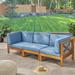 Highland Dunes Patio Sofa w/ Cushions Wood/Natural Hardwoods in Blue | 26.5 H x 88.5 W x 30.25 D in | Wayfair 0774EB54B1C648B6A77CD652198D2ADB