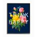 Ebern Designs Navy Blue Think Happy Typography Over Floral by Jessica Mundo - Textual Art Print Wood in Brown | 14 H x 11 W x 1.5 D in | Wayfair