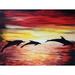 Highland Dunes 'Swimming Dolphins' Painting Print on Wrapped Canvas Metal in Red/Yellow | 24 H x 32 W x 1.5 D in | Wayfair CAN EDC157 24x32 GW