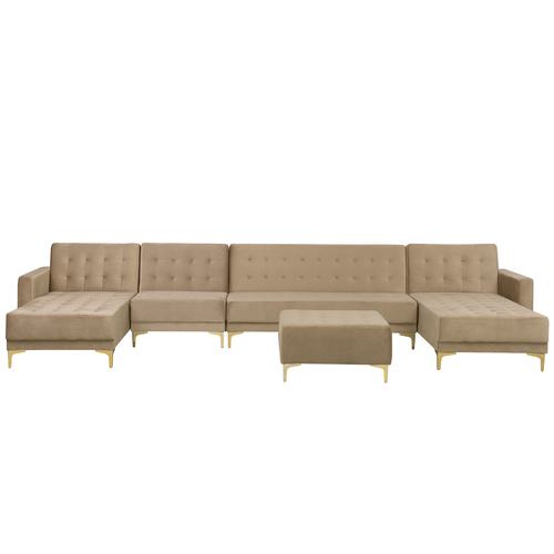 Sofa Beige Samtstoff U-Förmig Wohnlandschaft Schlaffunktion Klassisch Ottomane Wohnzimmer